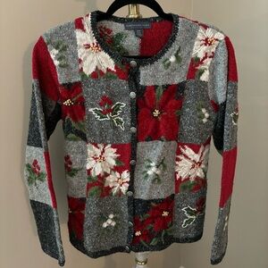 90s Northern Isles Poinsettia Patchwork Cardigan Sweater Size Small